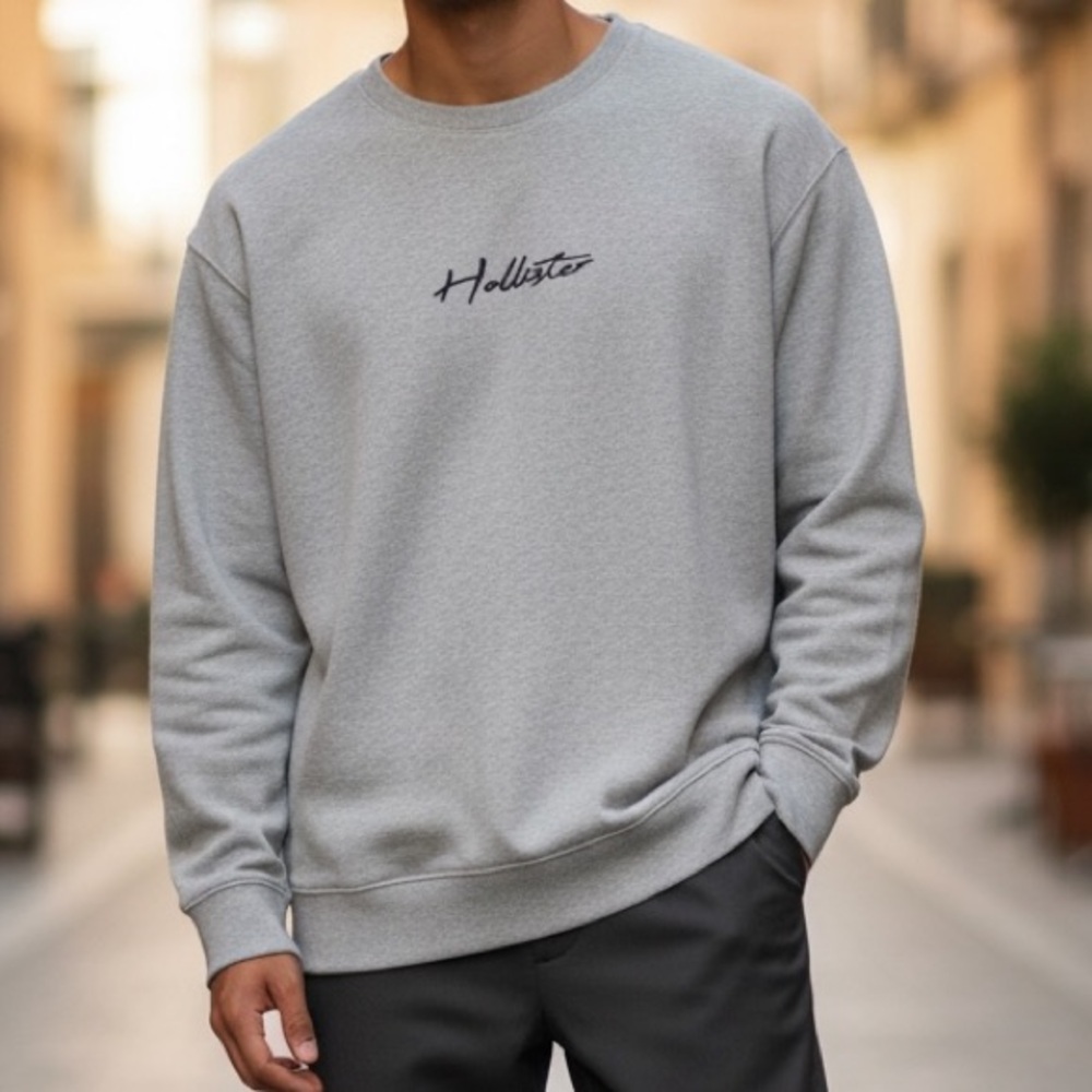 Hollister Men’s Logo Sweatshirt – Gray Pullover, Size Small